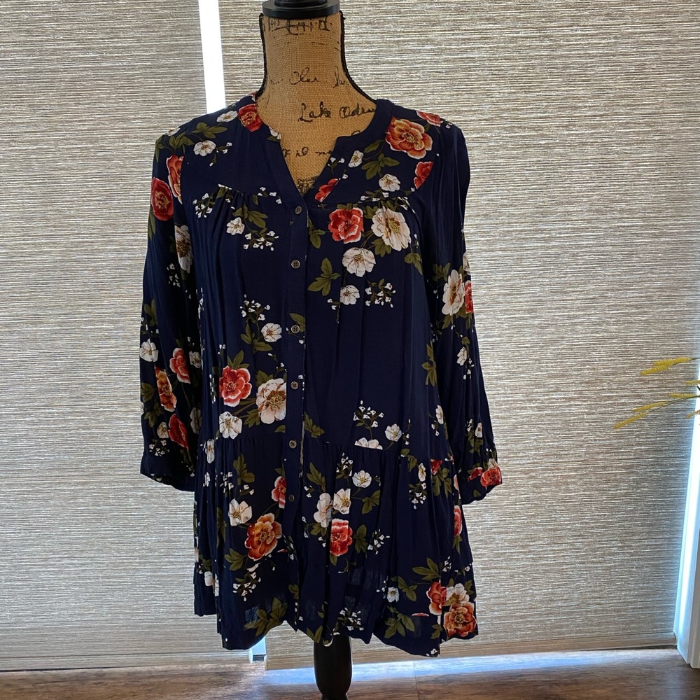 Navy blue mini dress with floral designs